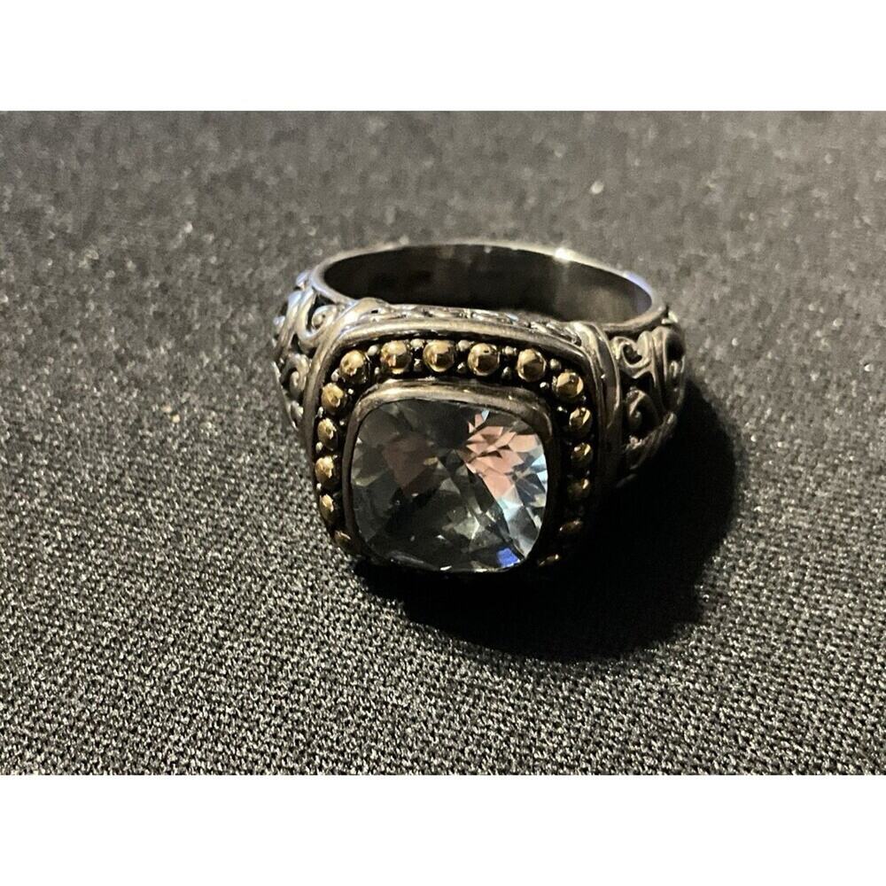 925 Ring W/ 18k Gold Around Topaz Faceted Ring Signed, Size 7, Artist Signed
